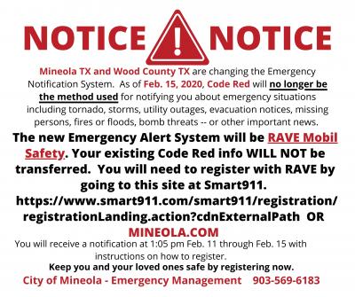 City of Mineola to begin using RAVE Mobil Safety emergency notification system as of Feb. 15